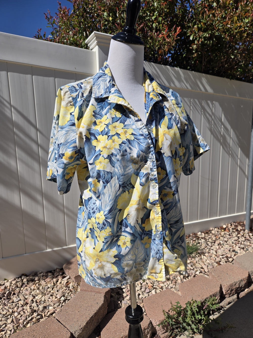 Bobbie Brooks Blue and Yellow Floral Button-Front Short Sleeve Shirt